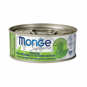 MONGE CAT SUPREME SENIOR konservi kaķiem Tuncis, brūnie rīsi, zaļā tēja 80g